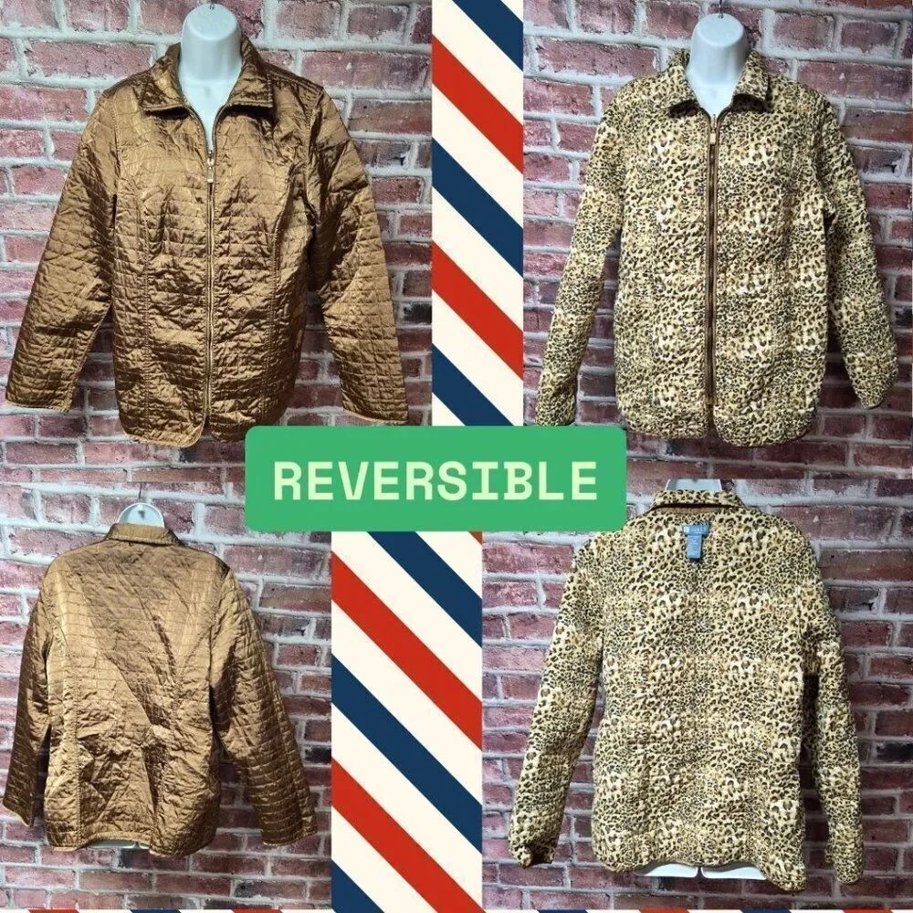 Vintage 90s Koret Reversible Puffer Jacket 16W Brown Animal Print‎ Studded Hem